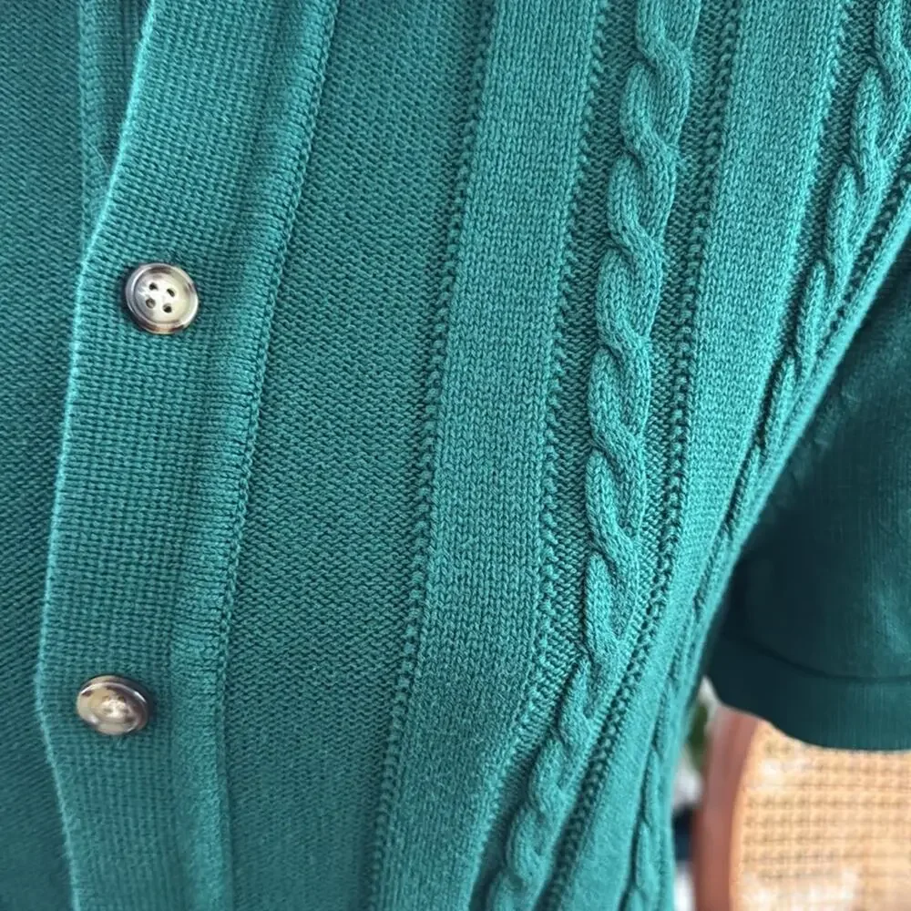 J.Crew Emerald Green Cable Knit Button Up Short Sleeve Mad Men Polo Sweater